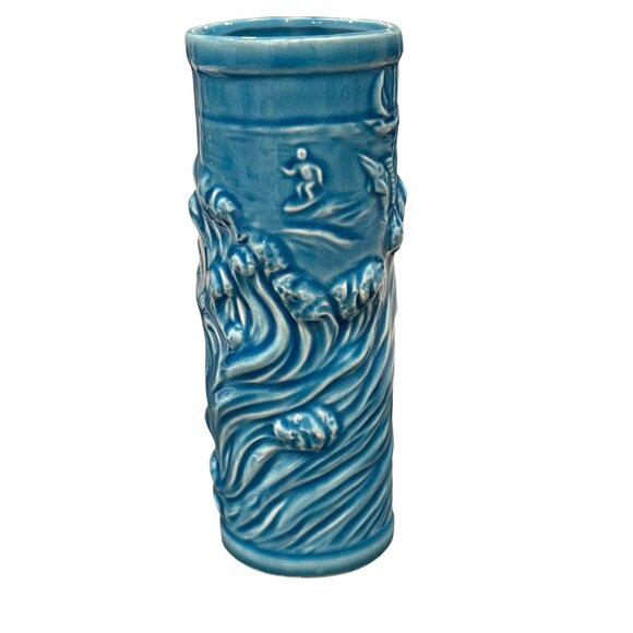 Vintage Blue Ceramic Tiki Mug With Surfer Design By Orchids Of Hawaii Japan - Picture 2 of 5